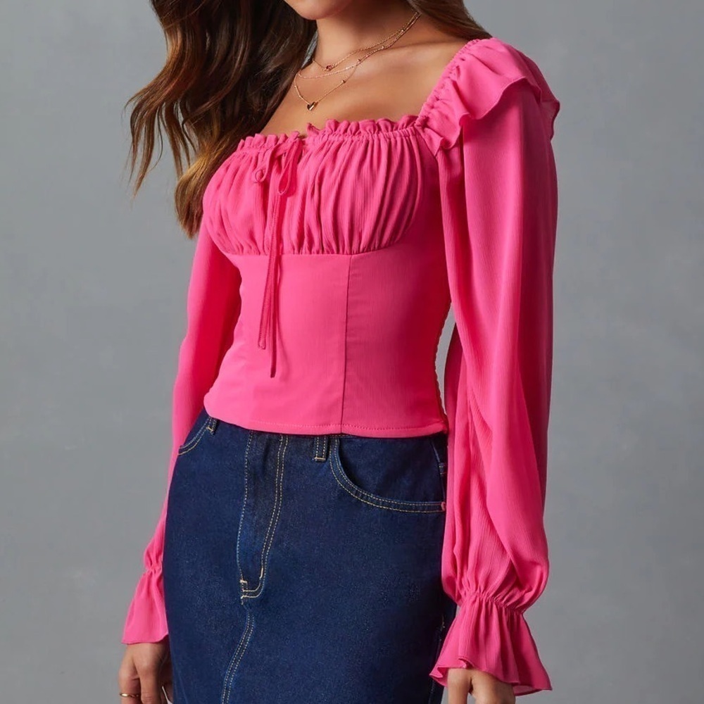 VICI Julie Ruffle Shoulder Crop Top In Pink